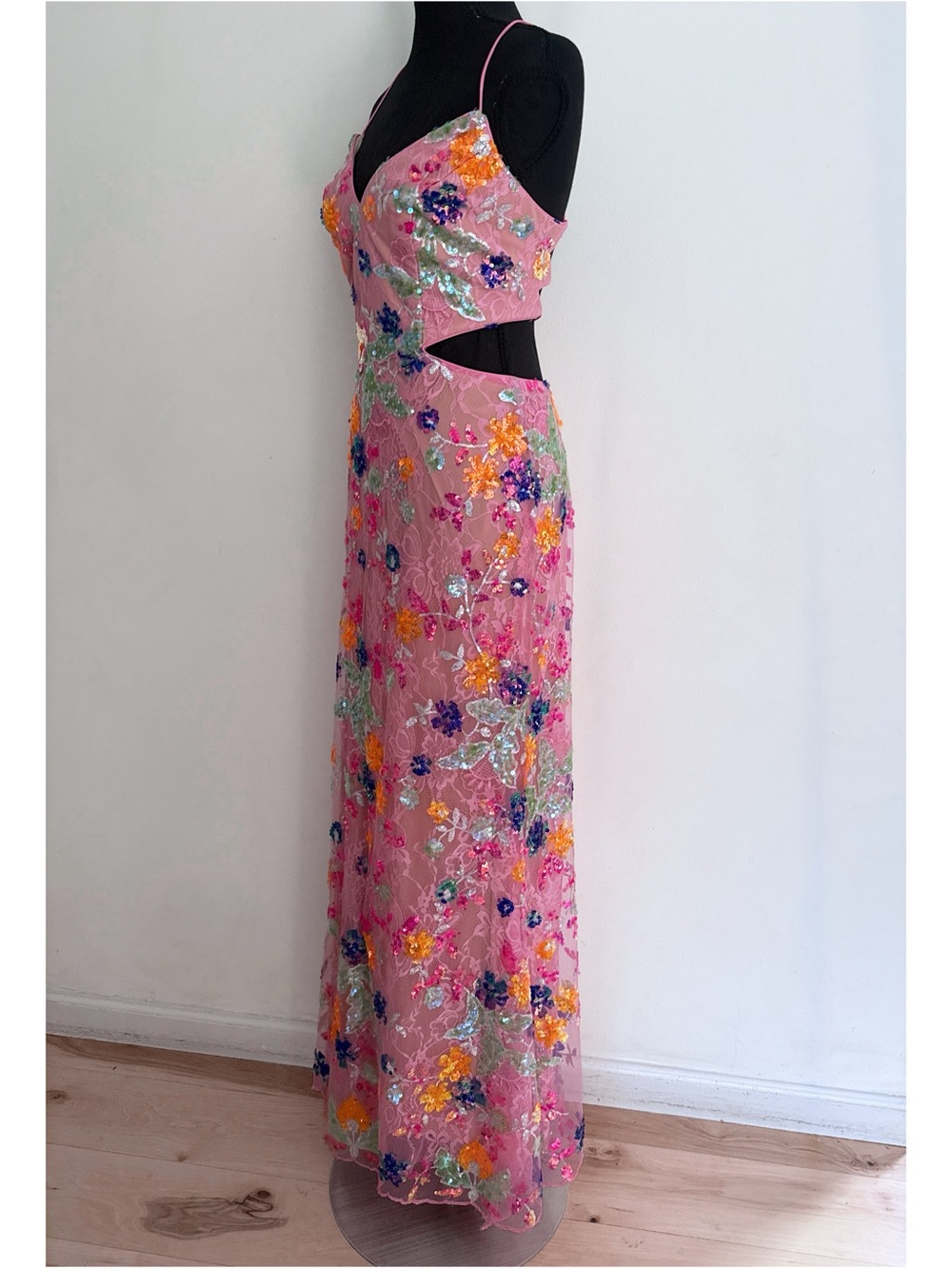 Mac Duggal Pink Floral Sequin Backless Lace-Up Evening Gown Maxi Beaded Dress 6 - Picture 6 of 12